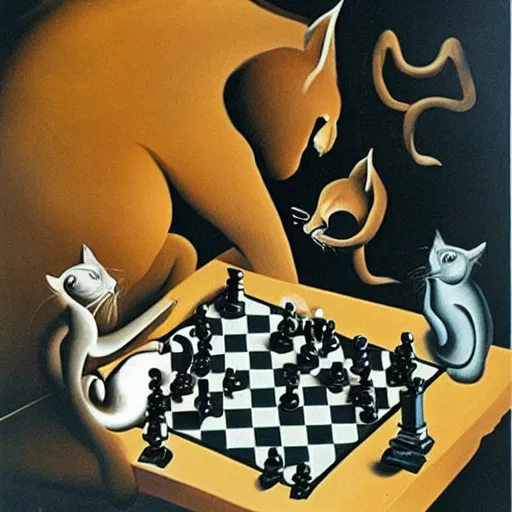 Image similar to dali surrealist painting of two cats playing chess