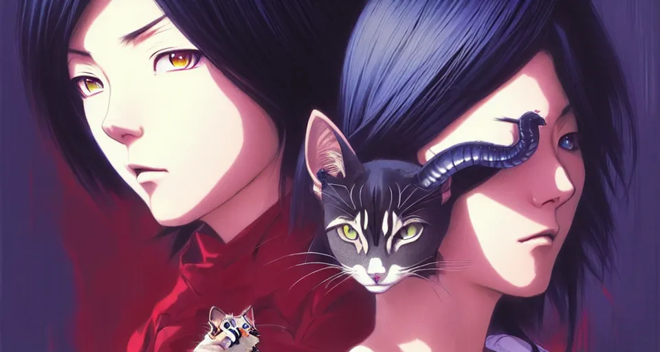 Image similar to a dragon with big eyes, holding a cat, very anime, fine - face, realistic shaded perfect face, fine details. realistic shaded lighting poster by ilya kuvshinov katsuhiro otomo ghost - in - the - shell, magali villeneuve, artgerm, jeremy lipkin and michael garmash, rob rey and kentaro miura style, trending on art station