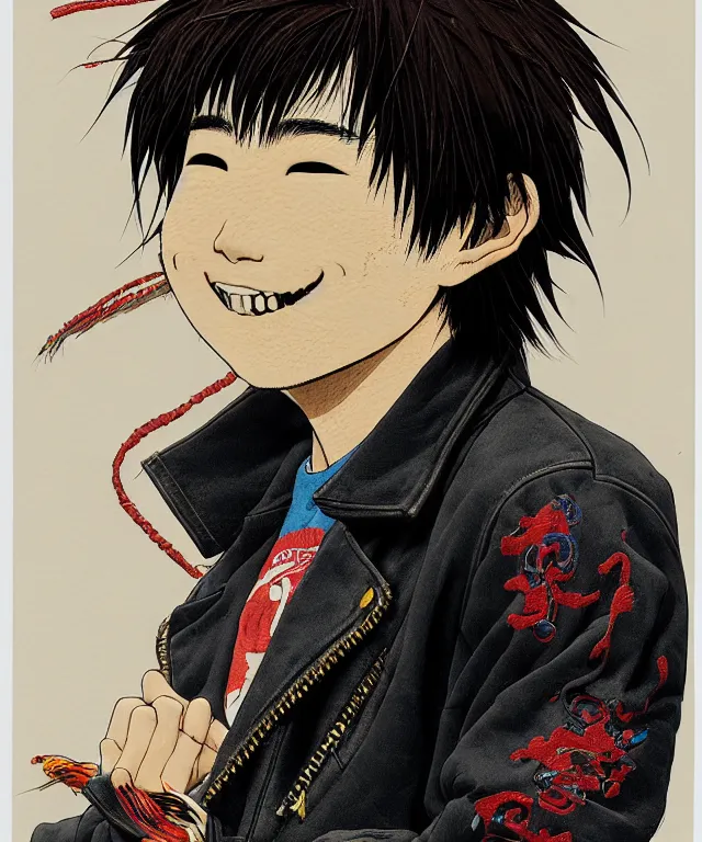 Prompt: a half / profile portrait of a happy teenage japanese man, his hair is messy and unkempt, he is wearing an embroidered leather jacket, a masterwork illustration by kim jung gi, otomo katsuhiro and terada katsuya, realistic proportions and correct anatomy