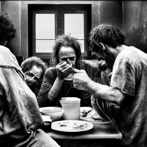 Image similar to Award Winning Editorial wide-angle picture of a Tramps in a new York Soup Kitchen by David Bailey and Lee Jeffries, The Last Supper