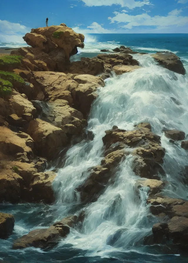 Prompt: pebble beach waterfall, a rocky beach, extremely detailed oil painting, unreal 5 render, rhads, sargent and leyendecker, savrasov levitan polenov, bruce pennington, studio ghibli, tim hildebrandt, digital art, landscape painting, octane render, beautiful composition, trending on artstation, award winning photograph, masterpiece