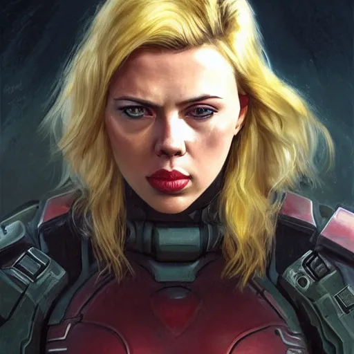 Image similar to doomguy played by scarlett johansson, face portrait, hd shot, digital portrait, elegant, beautiful, fantasy art, artstation, comic style, by artgerm, guy denning, jakub rozalski, magali villeneuve and charlie bowater