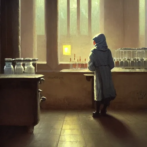 Prompt: alchemist wearing a hood working in laboratory, oil painting, by Greg Rutkowski