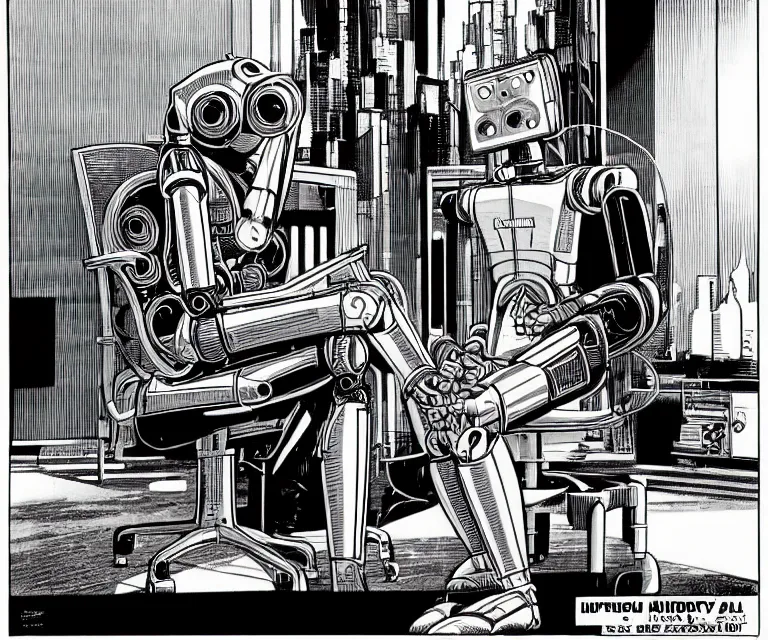 Image similar to robot wearing highly detailed hyperrealism neofuturistic cyberpunk neuralinterface is sitting on a chair, by wally wood and moebius