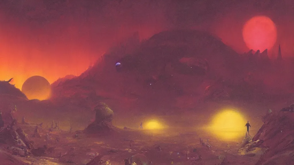 Image similar to eerie atmospheric alien planet by paul lehr and jack gaughan and john schoenherr, epic cinematic matte painting