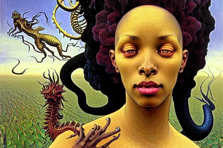 Image similar to realistic extremely detailed closeup portrait painting of a beautiful black woman, mutant dragon and a single old house on background by Jean Delville, Amano, Yves Tanguy, Ilya Repin, Alphonse Mucha, Ernst Haeckel, Edward Robert Hughes, Roger Dean, heavy metal 1981, rich moody colours