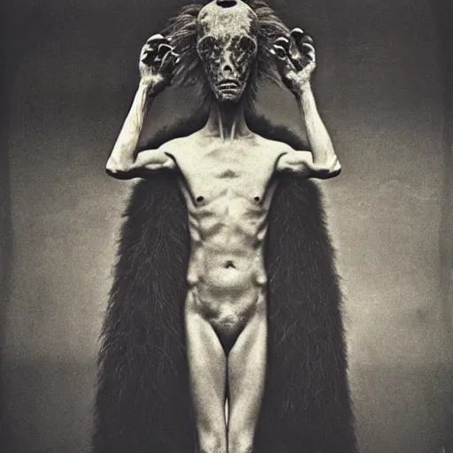 Image similar to vintage photography of faceless beast-god with many long arms, a huge body covered with deep furs by Zdzisław Beksiński, odd eye, dark fantasy, detaling, abomination, blur