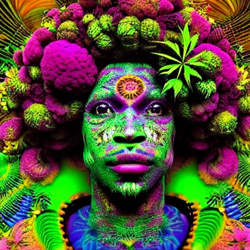 Prompt: an african marijuanna shaman with an afro made of flowers, third eye art art by machina infinitum, complexity from simplicity, rendered in octane, mandelbulb 3 d, ambient occlusion, macro photography, felt!!! texture, tribal, neon! retrowave