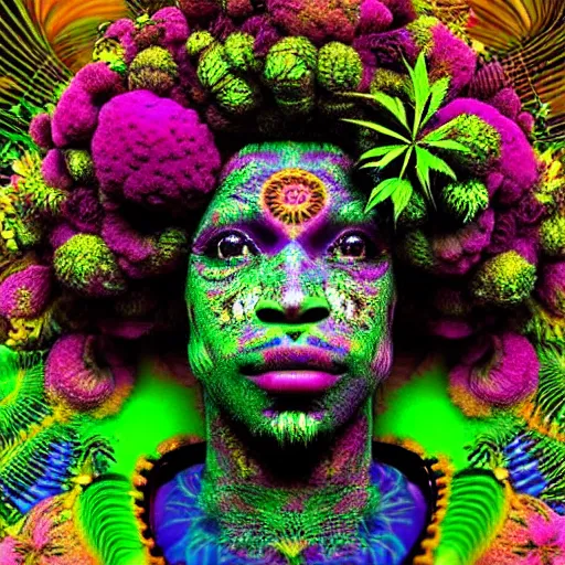 Image similar to an african marijuanna shaman with an afro made of flowers, third eye art art by machina infinitum, complexity from simplicity, rendered in octane, mandelbulb 3 d, ambient occlusion, macro photography, felt!!! texture, tribal, neon! retrowave