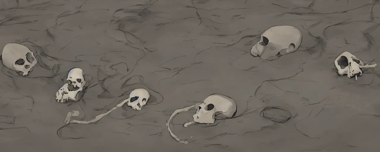 Image similar to seal bones and skull, in river mud, atey ghailan, goro fujita, studio ghibli, rim light, sad, very dark fading to black, clear focus, very coherent