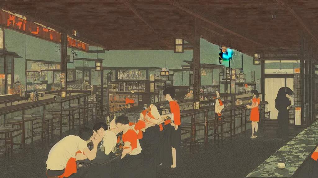 Image similar to There was a bar that ran out of water, everyone was thirsty and was drinking orange juice and other soft drinks to satiate their thirst, screen print by Kawase Hasui and dan hillier, 8k unreal engine