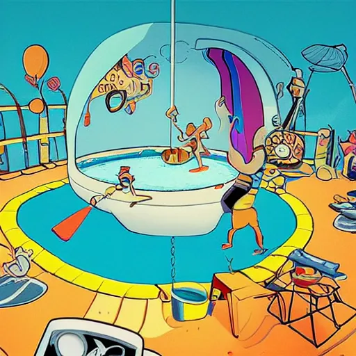 Image similar to colorful pixar, mcbess illustration, a portal to another world, opened in the middle of a swimming pool