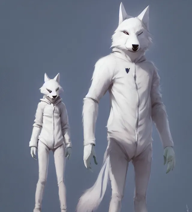 Image similar to a beautiful fullbody portrait of a cute male anthropomorph white wolf wearing a kigurumi. character design by cory loftis, fenghua zhong, ryohei hase, ismail inceoglu and ruan jia. artstation, volumetric light, detailed, photorealistic, rendered in octane