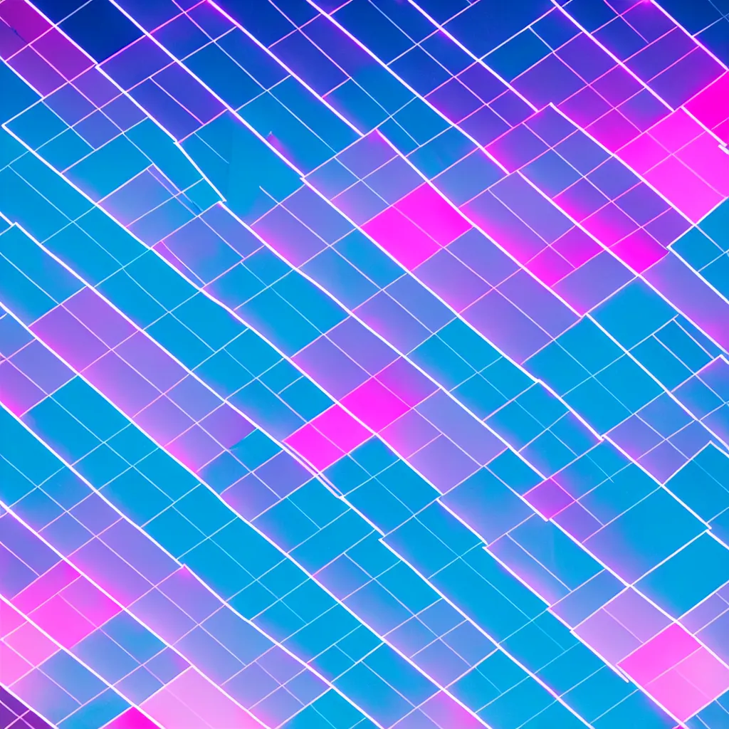 Prompt: photograph of intersecting windows of various colors at night, blue and pink accents, dream-like, hyperbolic geometry, trending on Unsplash, volumetric lighting