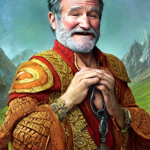 Image similar to an ultradetailed portrait of robin williams dressed as sheogorath, floating in the air with magic, the elder scrolls, fantasy, intricate, elegant, highly detailed, digital painting, matte, sharp focus, illustration, art by john collier and albert aublet and krenz cushart and artem demura and alphonse mucha