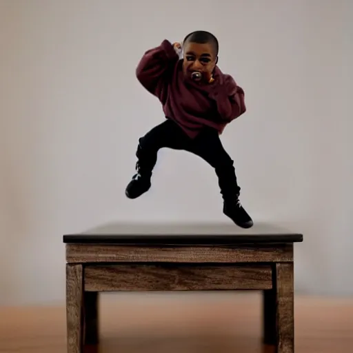 Image similar to mini kanye west dancing on a table