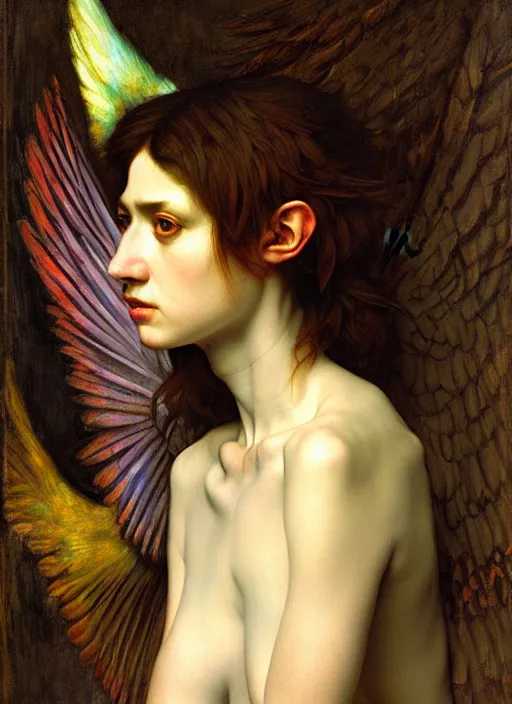 Prompt: harpy, dnd character art portrait, dramatic lighting, vivid colors by edgar maxence and caravaggio.