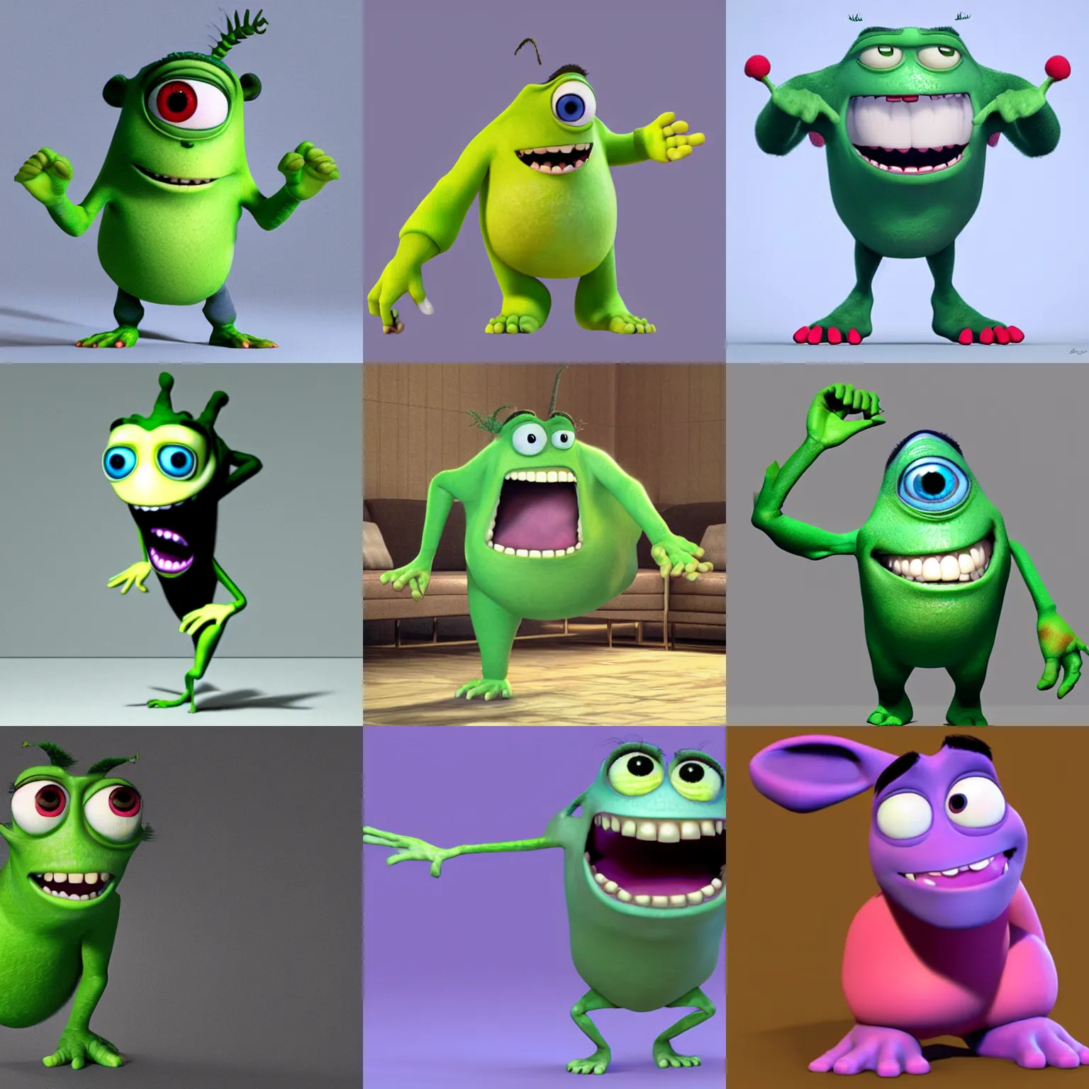 Prompt: Michael Wazowski with two eyes, a torso, ears, and a nose, 3d rendering, Pixar, full body image, funny memes