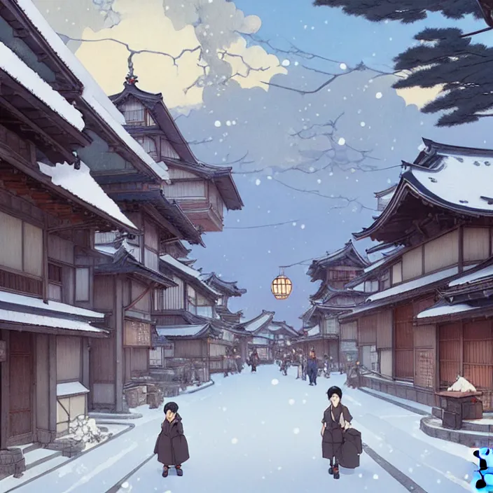 Image similar to japanese rural town, winter, in the style of studio ghibli, j. c. leyendecker, greg rutkowski, artem