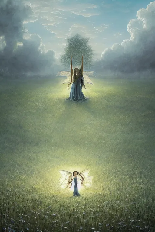 Image similar to wonderdream faeries lady in the middle of a field, white open door, digital art painting fantasy by hubert robert and lee madgwick and roger dean and jacek yerka, dan mumford and alex grey style, soft lighting, 4 k hd wallpaper illustration character design concept joy atmospheric lighting