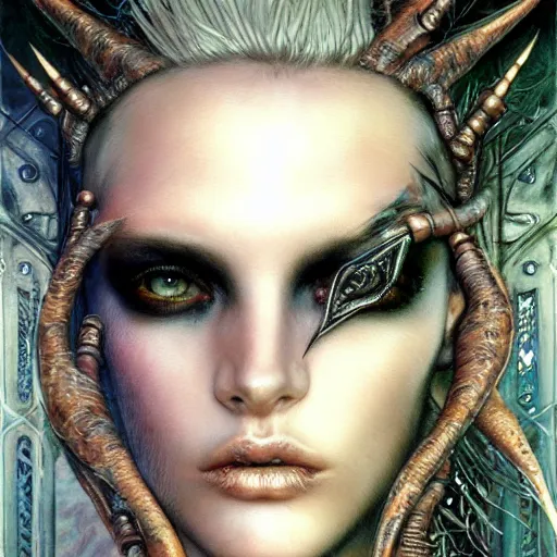 Image similar to an award finning closeup facial portrait by luis royo and john howe of a bohemian androgynous cyberpunk traveller clothed in excessively fashionable 8 0 s haute couture fashion and wearing ornate art nouveau body paint