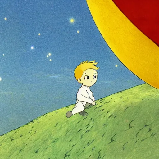 Image similar to illustration to The little prince by antoine de saint-exupéry , in the style of studio ghibli