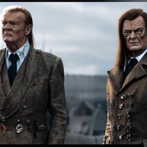 Image similar to artstation trending elden ring peter serafinowicz mod, now with roger moore and sean connery 8k
