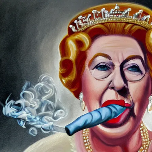 Prompt: Realistic painting of Queen Elizabeth II smoking a cigar on a unicycle