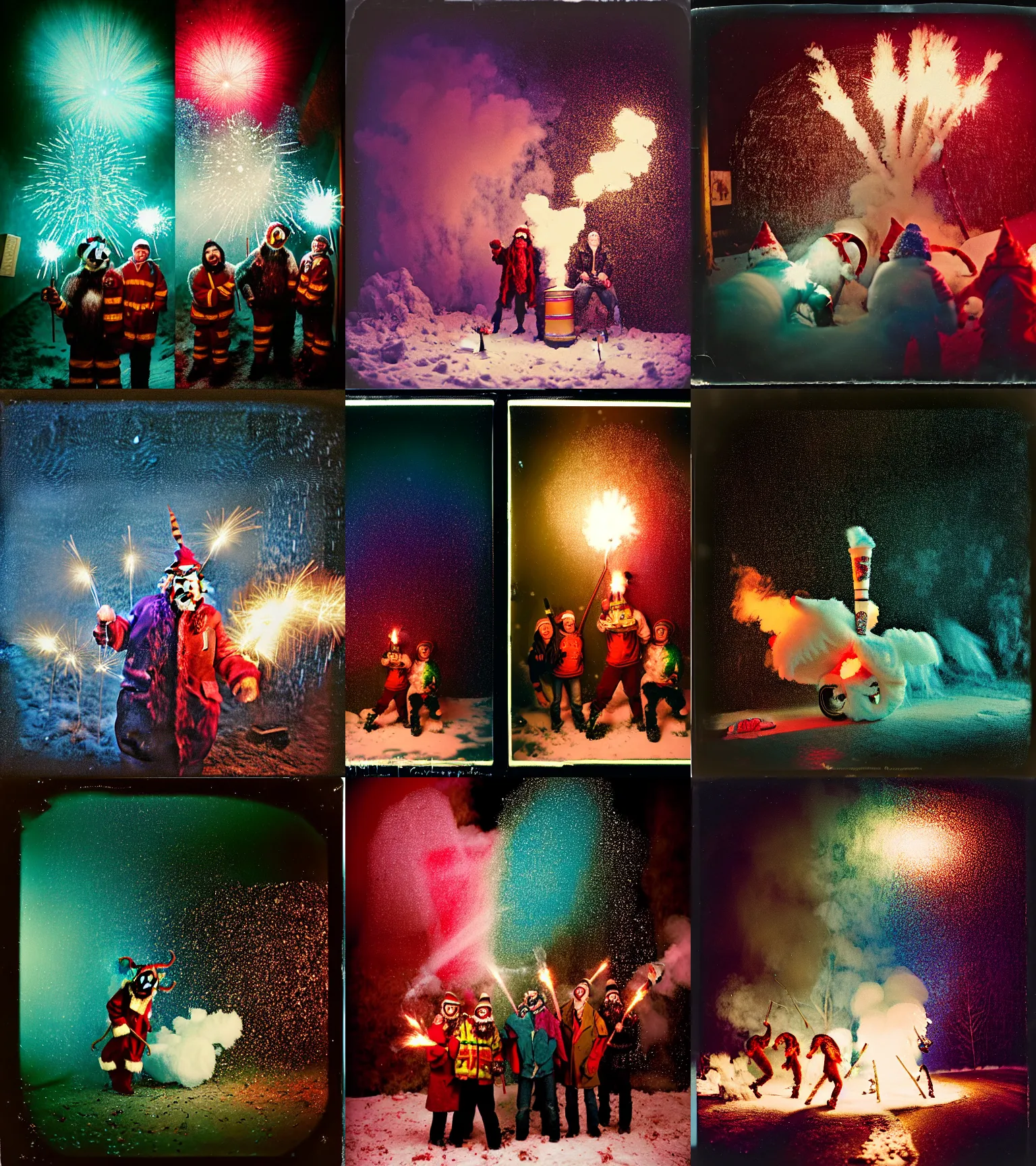 Image similar to kodak portra 4 0 0, wetplate, winter, snowflakes, rainbow coloured rockets, chaos, glitter tornados, award winning dynamic photo of a bunch of hazardous krampus between exploding fire barrels by robert capas, motion blur, in a small pantry at night with colourful pyro fireworks and torches, teal lights