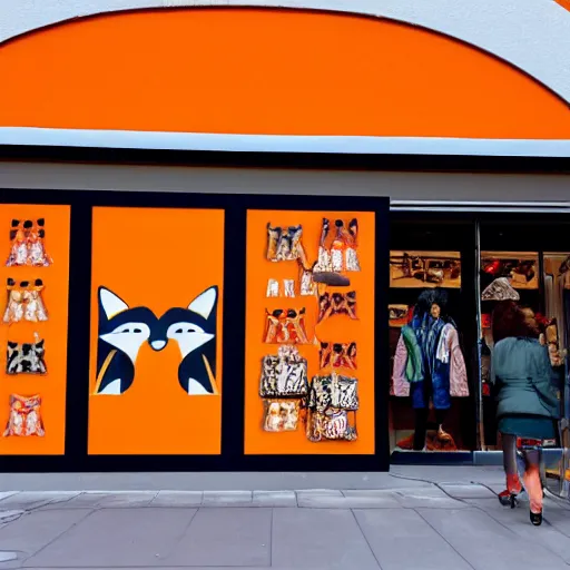Image similar to a shopping mall picture outside of a fox-themed clothing store vendor, designed after foxes, Fox design patterns on the orange wall, realistic photo