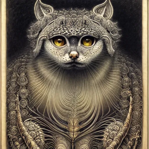 Image similar to detailed realistic beautiful manul face portrait by jean delville, gustave dore, iris van herpen and marco mazzoni, art forms of nature by ernst haeckel, art nouveau, symbolist, visionary, gothic, neo - gothic, pre - raphaelite, fractal lace, intricate alien botanicals, ai biodiversity, surreality, hyperdetailed ultrasharp octane render