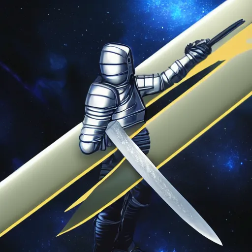 Prompt: knight, great sword with ray in the middle of the galaxy, 4 k, realistic