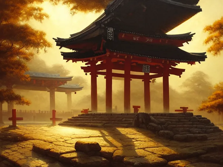 Prompt: ancient city ruins, shinto _ shrine, oil painting, 8 k, beautiful, golden light, highly detailed, smoothly, artstation, cinematic, by wlop, by greg rutkowski, by artgerm