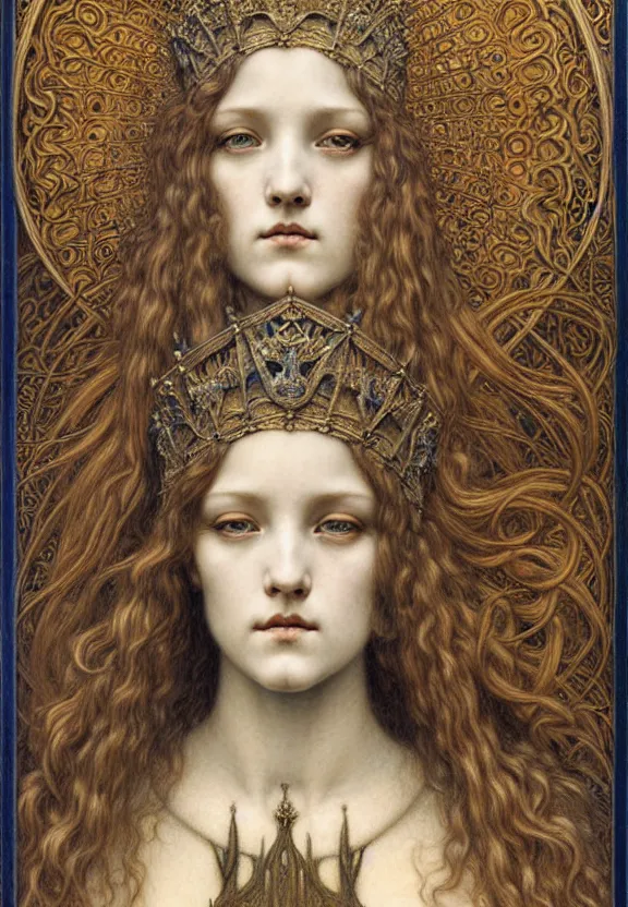 Image similar to detailed realistic beautiful young medieval queen face portrait by jean delville, gustave dore and marco mazzoni, art nouveau, symbolist, visionary, gothic, pre - raphaelite. horizontal symmetry