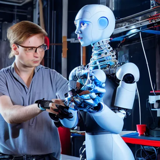 Image similar to a futuristic mechanic scientist constructing a humanoid robot in a 3 d printer