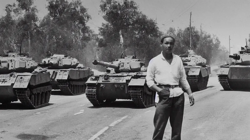 Prompt: old historic photograph of a person in white shirt, white holding grocery bags, standing on the road in front of four battle tanks approaching him