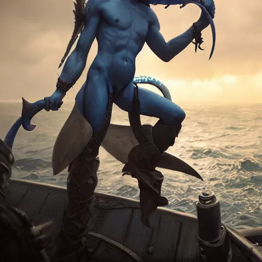 Image similar to a dramatic portrait of a triton warlock, blue skin, sharklike person, standing on a ship deck by Greg Rutkowski, ultra realistic, photorealistic 8k, cinematic lighting, HD, high detail, atmospheric, trending on artstation