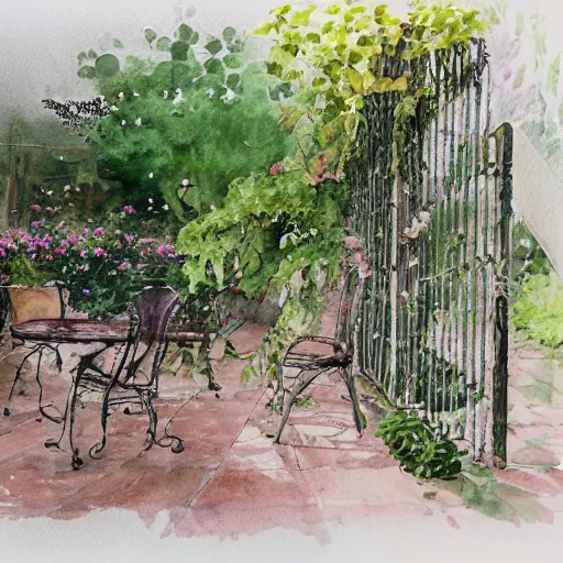 Image similar to delicate, garden, paved, botanic watercolors, iridescent, 8 k, realistic shaded, fine details, artstation, italian, chairs, iron gate, pine maritime, mediterranean