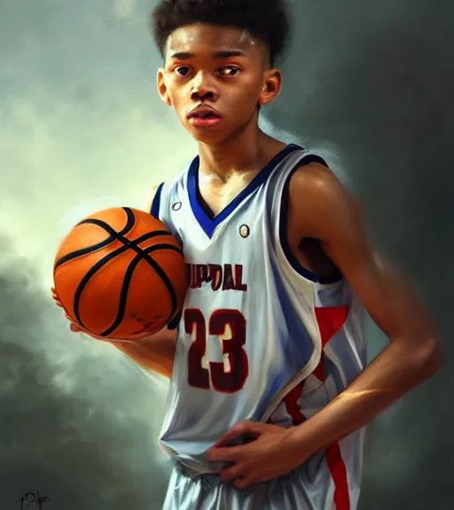 Image similar to portrait of a boy at a basketball court playing basketball wearing a basketball jersey in a basketball court standing near the basketball hoop, intense emotion, detailed facial expression, detailed surroundings, intricate, elegant, highly detailed, centered, digital painting, artstation, concept art, smooth, sharp focus, illustration, by (Peter Mohrbacher), WLOP