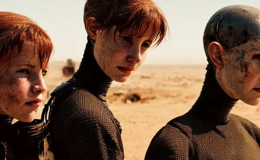 Image similar to cinestill 5 0 d photographic portrait by helen levitt of two loving female androids wearing rugged black mesh techwear on a desolate plain, extreme closeup, modern cyberpunk moody cinematic, dust storm, 8 k, hd, high resolution, 3 5 mm, f / 3 2, ultra realistic faces, ex machina