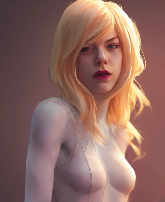 Prompt: gwen stacy female spiderman, pure white, au naturel, hyper detailed, digital art, radiant highlight, trending in artstation, cinematic lighting, studio quality, smooth render, unreal engine 5 rendered, octane rendered, art style by klimt and nixeu and ian sprigger and wlop and krenz cushart.