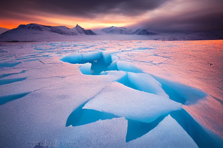 Image similar to moody landscape photography by marc adamus, greenland, sunset, ice