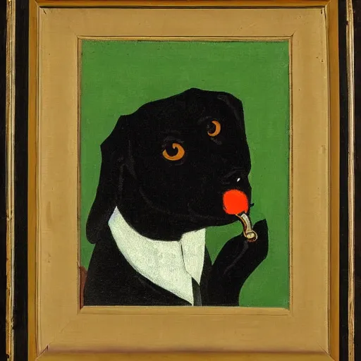 Prompt: a small black dog drinking beer by charles e. burchfield