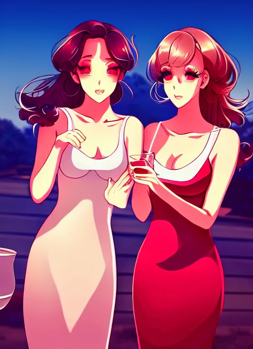 Image similar to two beautiful housewives outside on a hot summer evening, gorgeous faces, thick lines, cinematic lighting, detailed anime art