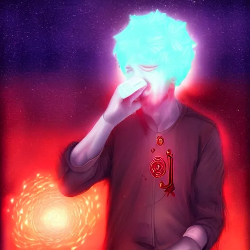 Prompt: A man drinking a cup of cosmic energy bright light by Park Sung-woo Red Ice, 4k, digital art, surreal, anime style,