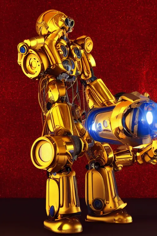 Image similar to portrait photo of a giant huge golden and blue metal humanoid steampunk robot singer with headphones and big gears and tubes, in front is a big red glowing microphone on a tripod, eyes are glowing red lightbulbs, shiny crisp finish, 3 d render, 8 k, insaneley detailed, fluorescent colors, background is multicolored lasershow