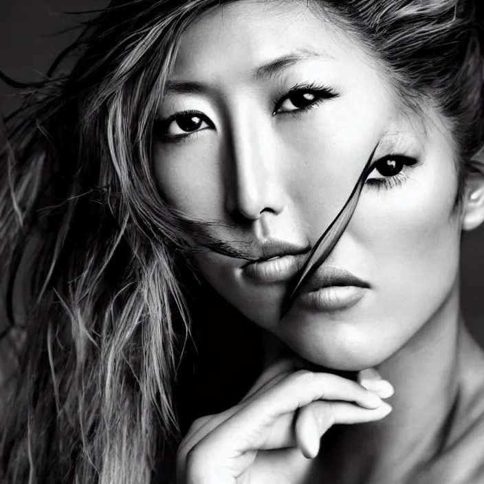 Prompt: young beautiful woman dichen lachman, gorgeous face, black and white photography, high fashion, full - body, 8 k,, ultra sharp focus, art by richard avedon, hellmut newton, victoria siemer, kirsty mitchell, laura zalenga