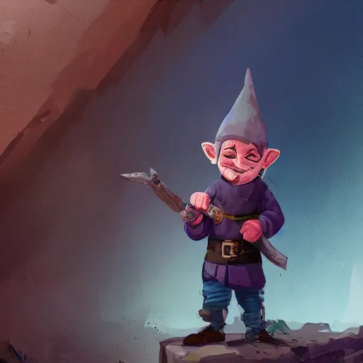 Image similar to male gnome youth adventurer with purple skin, by Ismail Inceoglu, wearing leather adventuring clothes, shabby, short, kid, bald, wielding knife, happy grin, character portrait closeup, digital art, dungeons and dragon, character