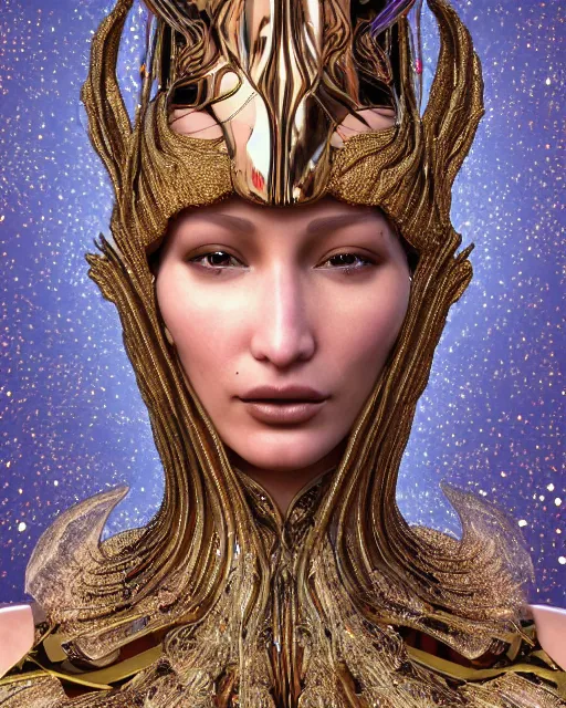 Prompt: a highly detailed metahuman 8 k close up render portrait of an alien goddess bella hadid as nymph in iris van herpen dress schiaparelli in diamonds crystals swarovski and jewelry iridescent in style of alphonse mucha gustav klimt trending on artstation made in unreal engine 4