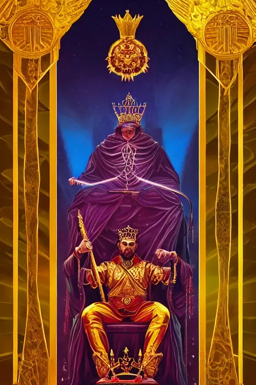 Image similar to the emperor tarot card, the crowned embodiment of male power holding the symbol of his power sits on a lavish throne ruling with wisdom and care, 8 k resolution digital painting, by alena aenami, by michael whelan, behance hd, trending on artstation deviantart